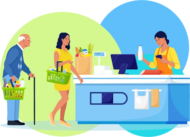 employees at grocery store serving customers
